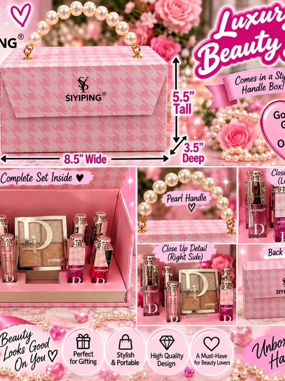 Pink Luxury Beauty Gift Set with Pearl Handle Box